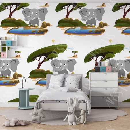 Papier Peint Éléphanteau - papier peint intissé vert pour chambre d'enfant