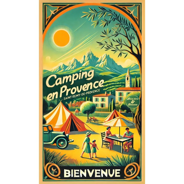 Évasion en Provence : Le Camping au Pied des Alpilles – affiche & plaque vintage | Manufacture Arssans