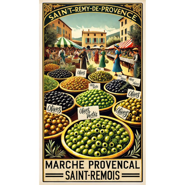 Marché Provençal : Les Olives de Saint-Rémy – affiche & plaque vintage | Manufacture Arssans