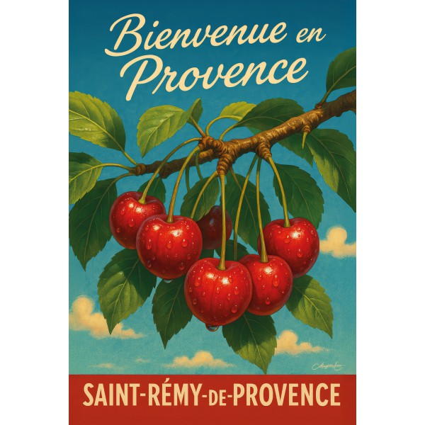Rouge éclat – Cerises de Provence au soleil – affiche & plaque vintage | Manufacture Arssans
