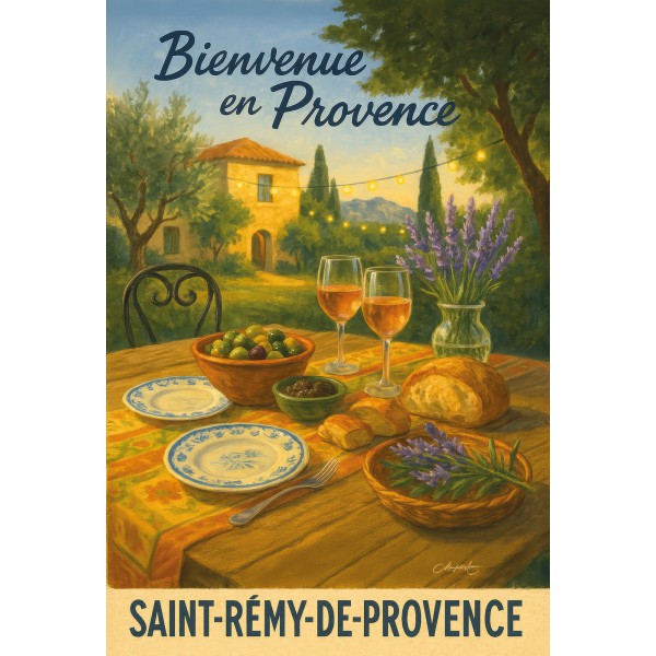 Dîner sous les cyprès – Saveurs de Saint-Rémy – affiche & plaque vintage | Manufacture Arssans