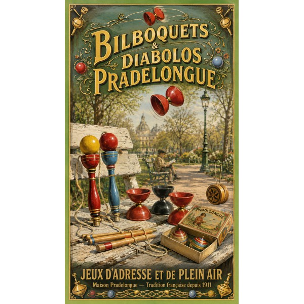 Bilboquets & Diabolos Pradelongue – affiche & plaque vintage | Manufacture Arssans