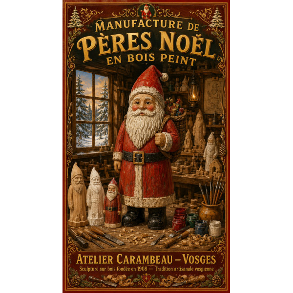 Manufacture de Pères Noël en Bois Peint – affiche & plaque vintage | Manufacture Arssans