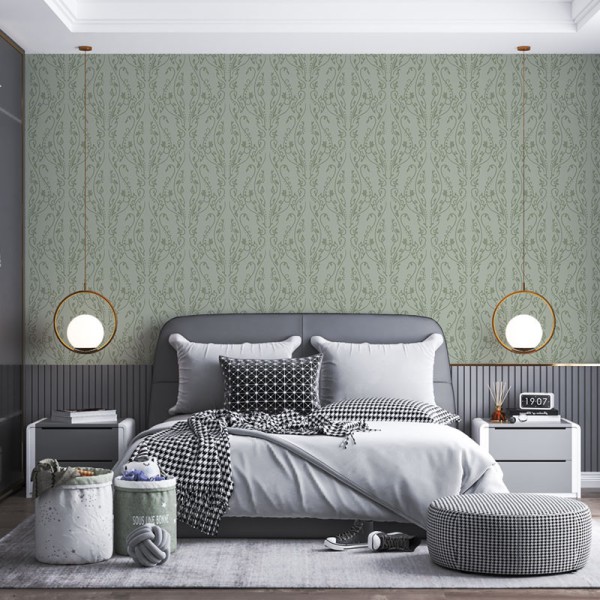 Papier Peint Arabesque Volutea Vert Sauge — Ambiance 1