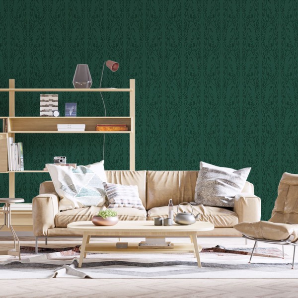 Papier Peint Arabesque Volutea Vert Sapin — Ambiance 3