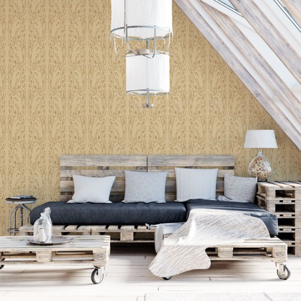 Papier Peint Arabesque Volutea Beige — Ambiance 1