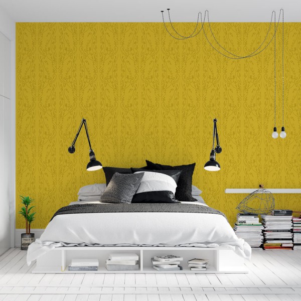 Papier Peint Arabesque Volutea Jaune Safran — Ambiance 1