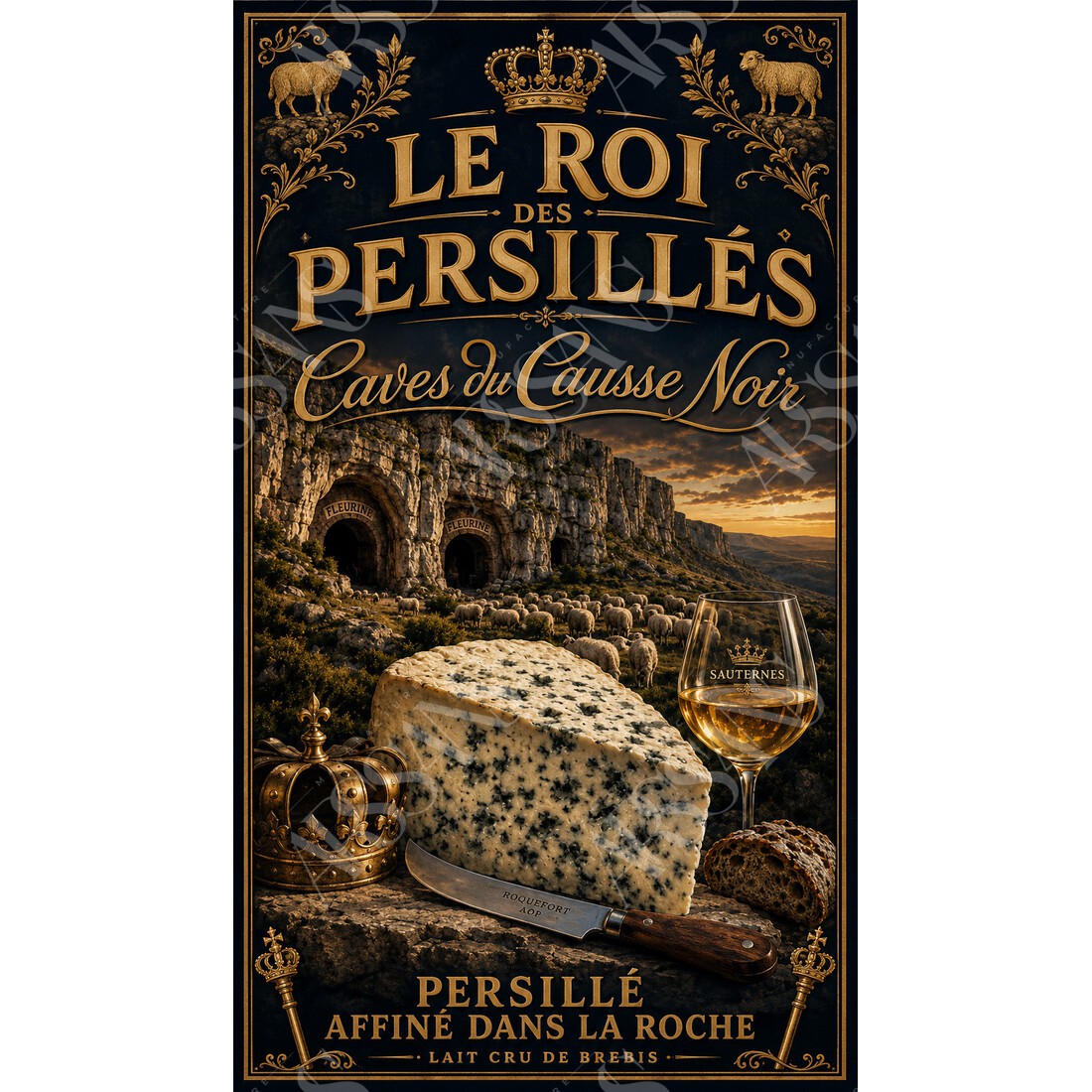 Caves du Causse Noir — Le Roi des Persillés – affiche & plaque vintage | Manufacture Arssans