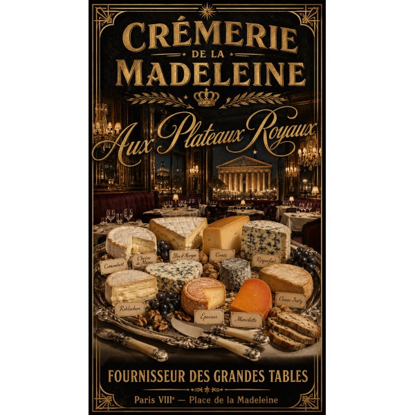 Crémerie de la Madeleine « Aux Plateaux Royaux » – affiche & plaque vintage | Manufacture Arssans
