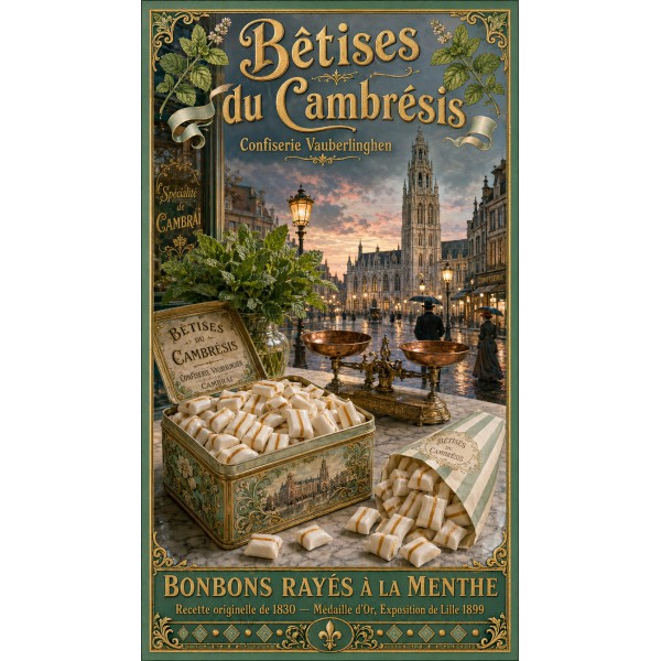Bêtises du Cambrésis — Confiserie Vauberlinghen – affiche & plaque vintage | Manufacture Arssans