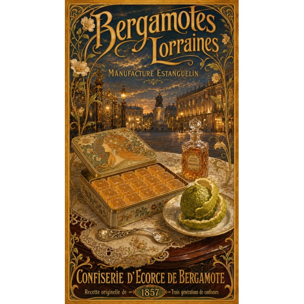 Bergamotes Lorraines — Manufacture Estanguelin – affiche & plaque vintage | Manufacture Arssans