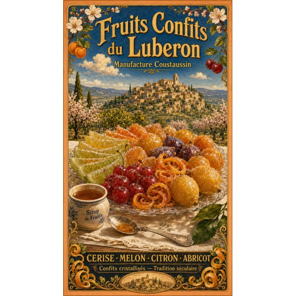 Fruits Confits du Luberon — Manufacture Coustaussin – affiche & plaque vintage | Manufacture Arssans