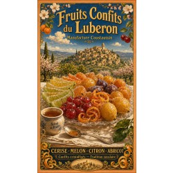 Fruits Confits du Luberon — Manufacture Coustaussin – affiche & plaque vintage | Manufacture Arssans