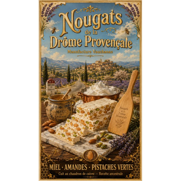 Nougats de la Drôme Provençale — Manufacture Vauchanaz – affiche & plaque vintage | Manufacture Arssans