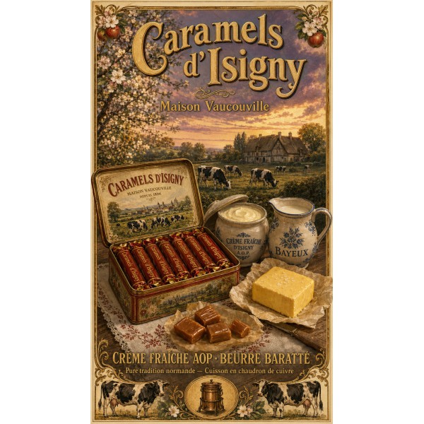 Caramels d'Isigny — Maison Vaucouville – affiche & plaque vintage | Manufacture Arssans