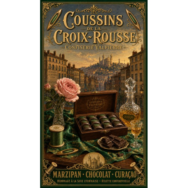 Coussins de la Croix-Rousse — Confiserie Valpierre – affiche & plaque vintage | Manufacture Arssans