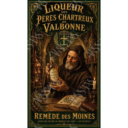 Liqueur des Pères Chartreux de Valbonne — Remède des Moines – affiche & plaque vintage | Manufacture Arssans
