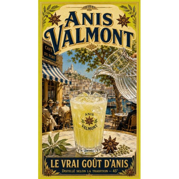 Anis Valmont – affiche apéritif anisé vintage de Marseille | Manufacture Arssans