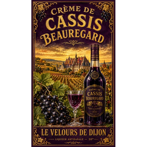 Crème de Cassis Beauregard — Le Velours de Dijon – affiche & plaque vintage | Manufacture Arssans