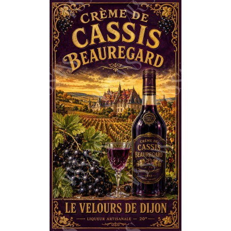 Crème de Cassis Beauregard — Le Velours de Dijon – affiche & plaque vintage | Manufacture Arssans