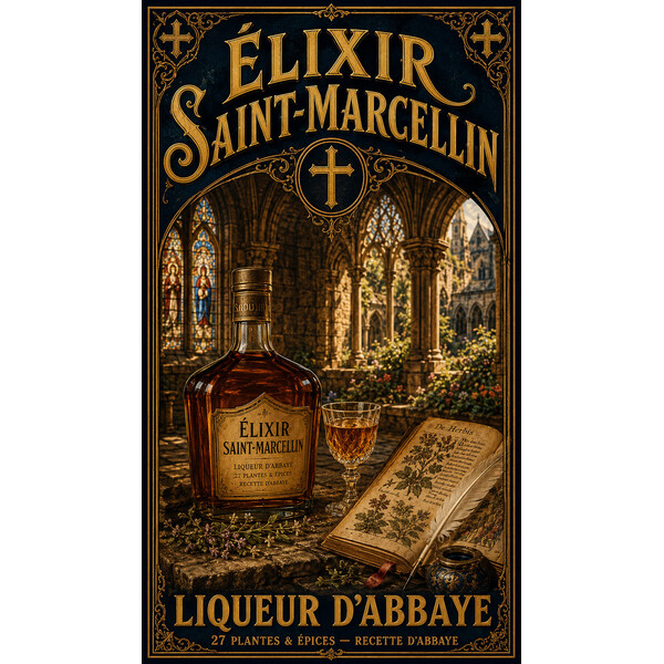 Élixir Saint-Marcellin — Liqueur d'Abbaye – affiche & plaque vintage | Manufacture Arssans