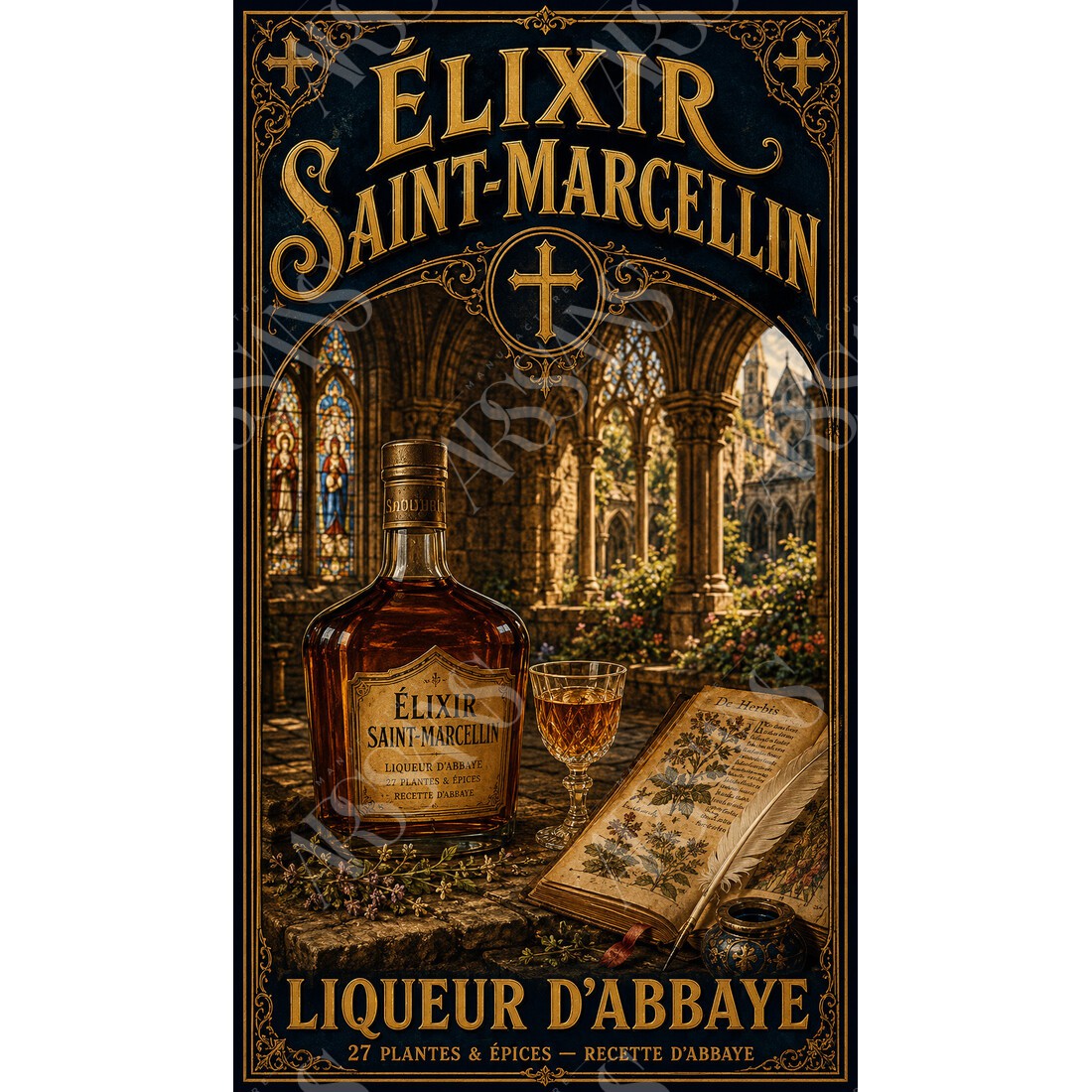 Élixir Saint-Marcellin — Liqueur d'Abbaye – affiche & plaque vintage | Manufacture Arssans