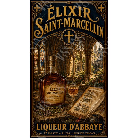 Élixir Saint-Marcellin — Liqueur d'Abbaye – affiche & plaque vintage | Manufacture Arssans