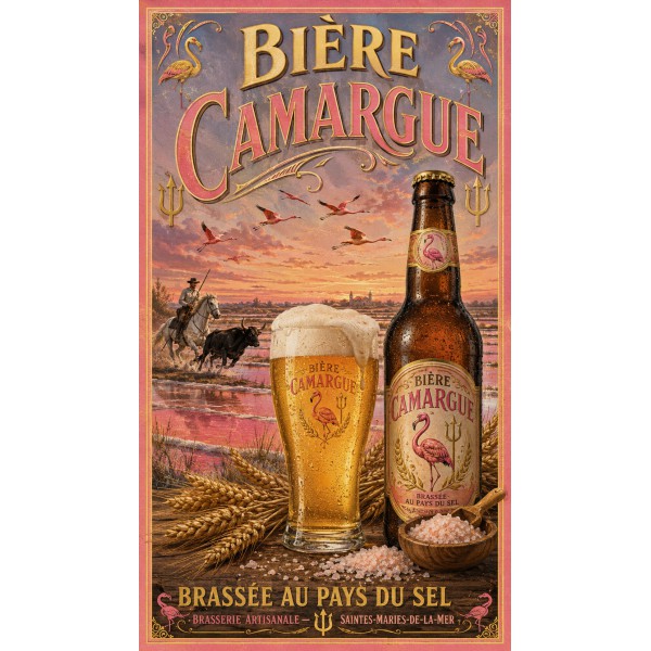 Bière Camargue — Brassée au Pays du Sel – affiche & plaque vintage | Manufacture Arssans