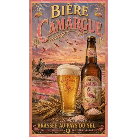Bière Camargue — Brassée au Pays du Sel – affiche & plaque vintage | Manufacture Arssans