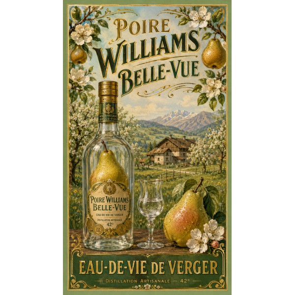 Poire Williams Belle-Vue — Eau-de-Vie de Verger – affiche & plaque vintage | Manufacture Arssans