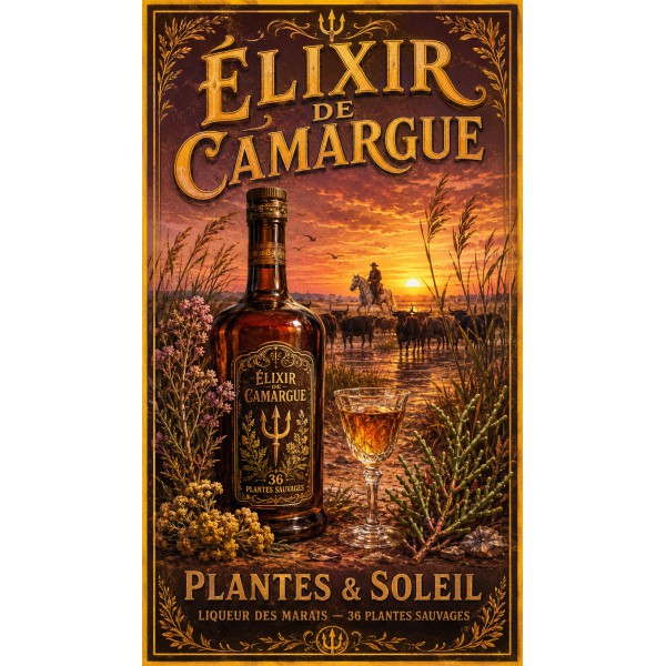 Élixir de Camargue — Plantes & Soleil – affiche & plaque vintage | Manufacture Arssans