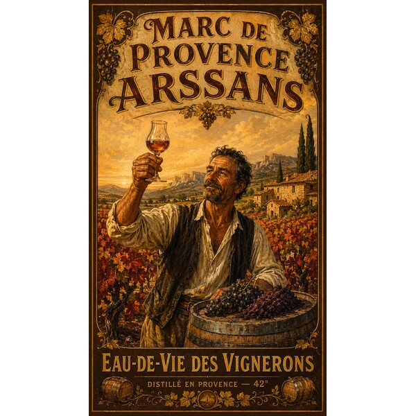 Marc de Provence Arssans — Eau-de-Vie des Vignerons – affiche & plaque vintage | Manufacture Arssans