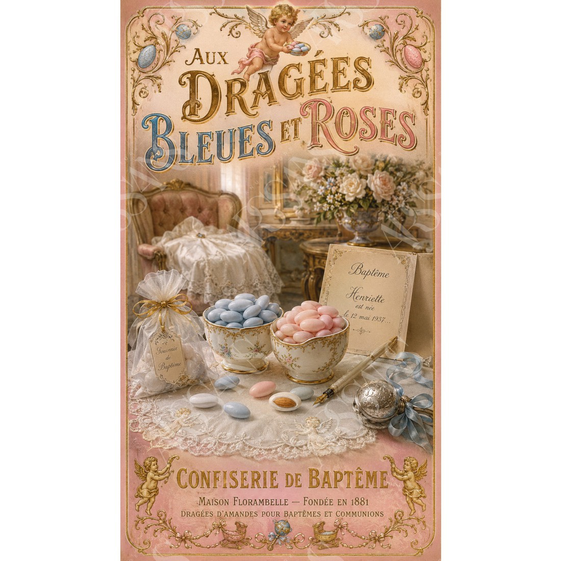Aux Dragées Bleues et Roses – affiche & plaque vintage | Manufacture Arssans