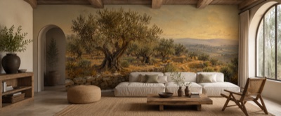 Oliveraie en terrasses en situation — fresque panoramique de Provence dans un salon provençal