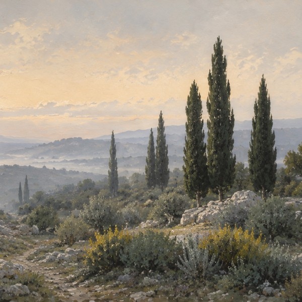 Garrigue et cyprès – fresque panoramique de Provence : cyprès sombres et élancés au lever du jour sur un horizon de collines bas