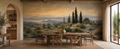 Garrigue et cyprès en situation — fresque panoramique de Provence