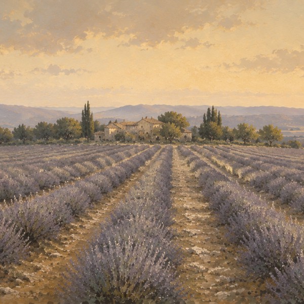 Champ de lavande sans cliché – fresque panoramique de Provence : rangées de lavande en perspective vers un mas lointain, teintes