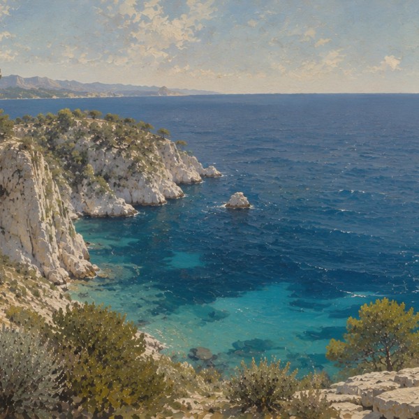 Criques et horizon marin – fresque panoramique de Provence : calanque de calcaire blanc, mer turquoise et pins parasols sous une