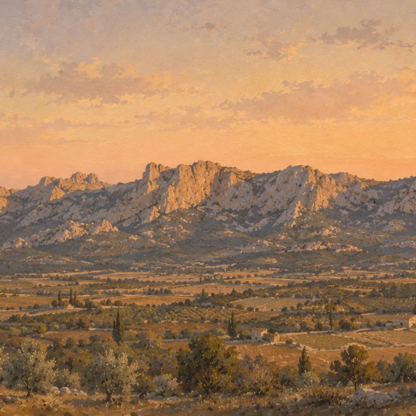 Lignes de crête des Alpilles – fresque panoramique de Provence : crêtes calcaires ciselées, plaine de vergers et oliveraies sous