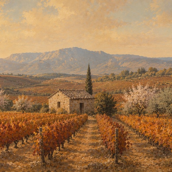 Vignoble provençal en automne – fresque panoramique de Provence : rangées de vignes rouille et dorées sur des collines douces, c