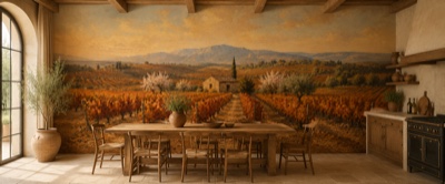 Vignoble provençal en automne en situation — fresque panoramique de Provence