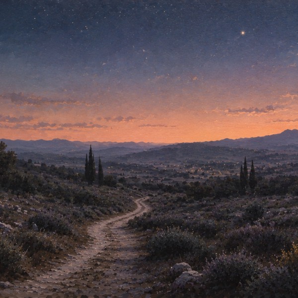 Sentier de garrigue au crépuscule – fresque panoramique de Provence : chemin de terre claire bordé de buissons aromatiques, cypr