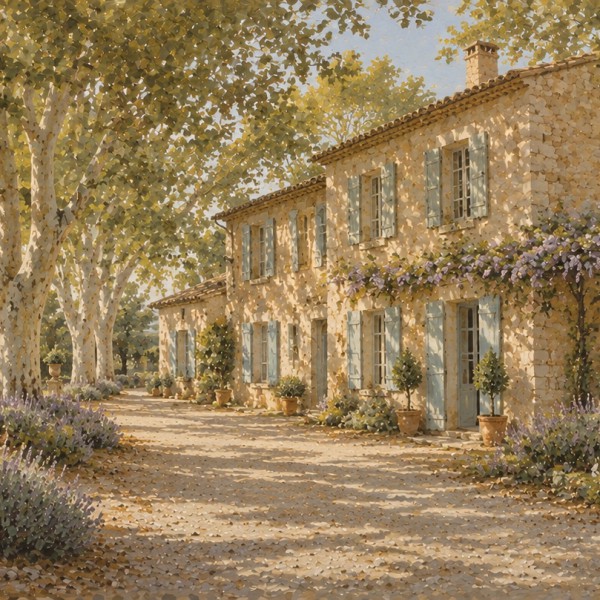 Mas provençal et platanes – fresque panoramique de Provence : mas en pierre dorée aux volets bleu-gris niché sous de grands plat