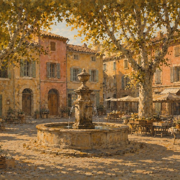Marché de village au petit matin – fresque panoramique de Provence : place provençale, platanes en ombrelle, fontaine ancienne e