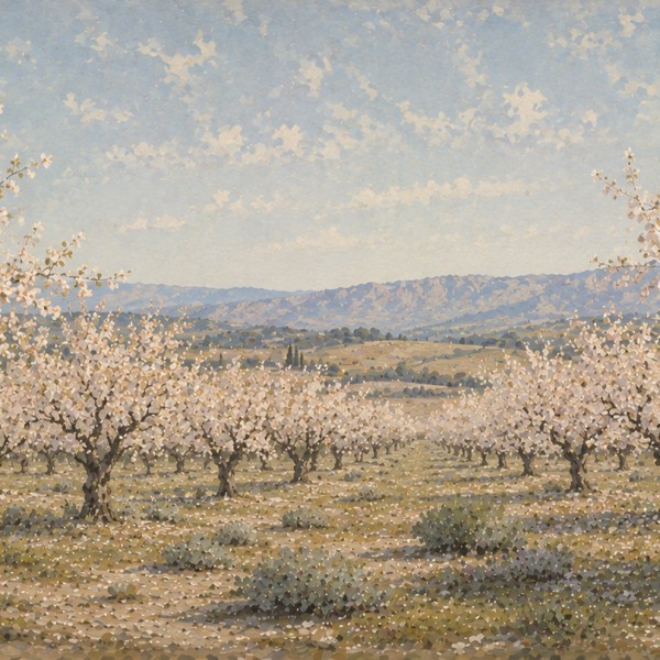 Champ d'amandiers en fleurs – fresque panoramique de Provence : verger en pleine floraison blanc rosé de fin d'hiver, troncs nou