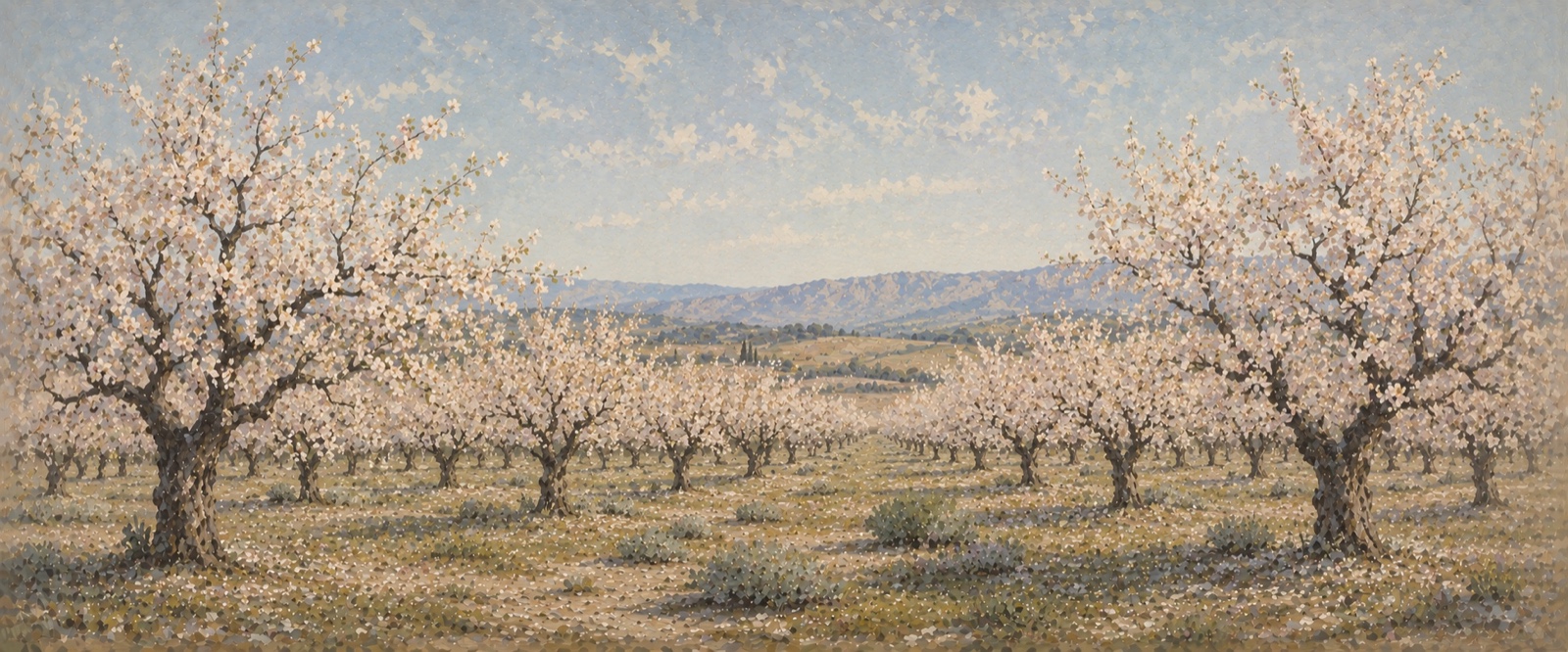 Champ d'amandiers en fleurs
