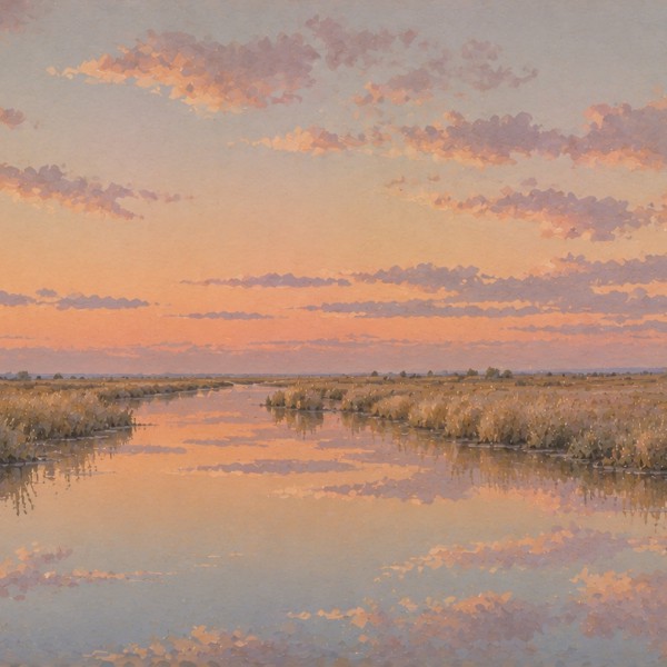 Roubine et roseaux de Camargue – fresque panoramique de Provence : canal d'eau calme reflétant le ciel rosé du soir, roseaux dor