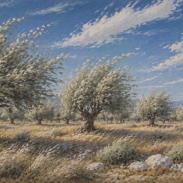 Oliveraie sous le mistral – fresque panoramique de Provence : oliviers au feuillage argenté couchés par le vent, herbes hautes o