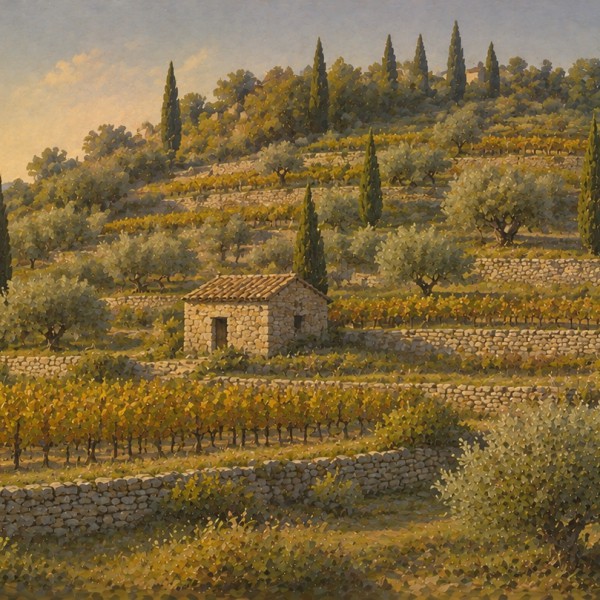 Colline de cyprès et restanques – fresque panoramique de Provence : terrasses de pierre sèche étagées, rangées de cyprès sombres