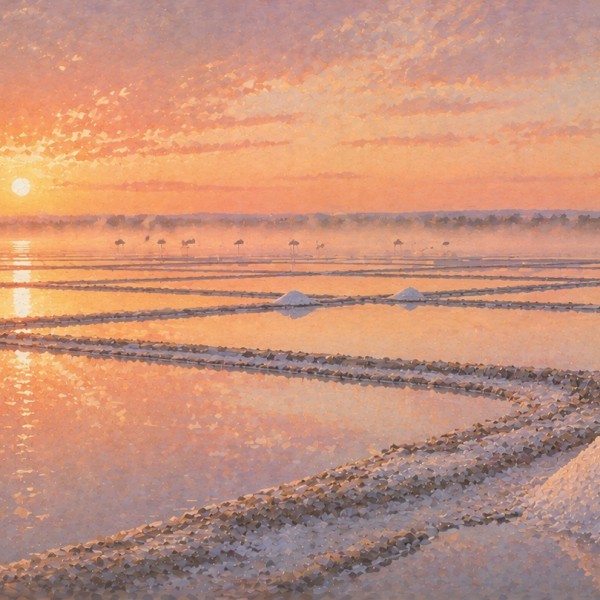 Aube sur les marais salants – fresque panoramique de Provence : bassins géométriques reflétant un ciel embrasé, digues de terre 